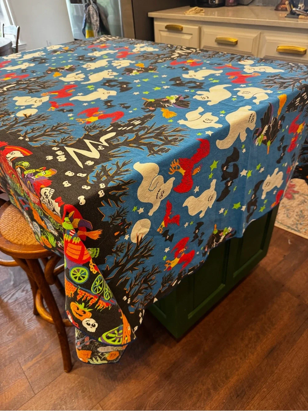 Vintage Halloween Tablecloth 56x77 Witches Ghosts Pumpkins Haunted House